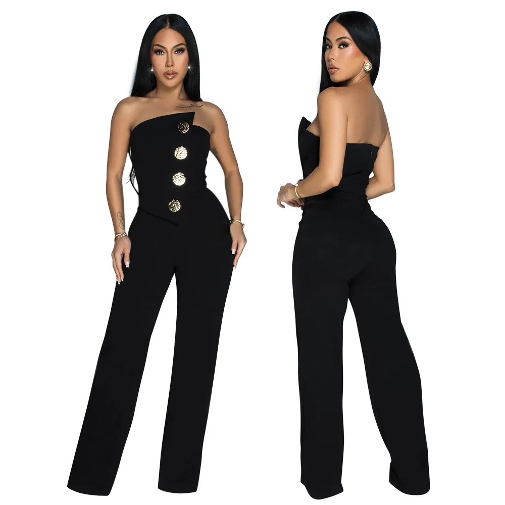 

Women Jumpsuits 2025 Spring Summer Women Sleeveless Strapless Big Button Sexy Irregular Design Loose Night Club Jumpsuit Rompers