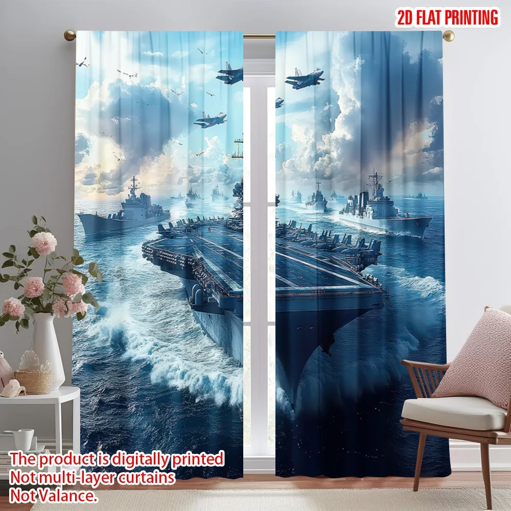 

2D flat printing 2pcs Party Curtain Aircraft Carrier Fleet at Sea Digital Printed Polyester Drapes All Season Party & Holiday