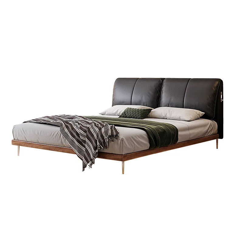 

Elephant ear solid wood bed, adjustable retro mid-ancient style master bedroom double leather bed by bag