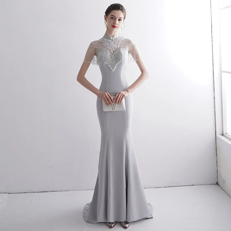 LZPOVE High Neck Mermaid Evening Dress Luxury Lace Applique Tassels Beaded Satin Zipper Elegant Wedding Dress Vestidos De Noche