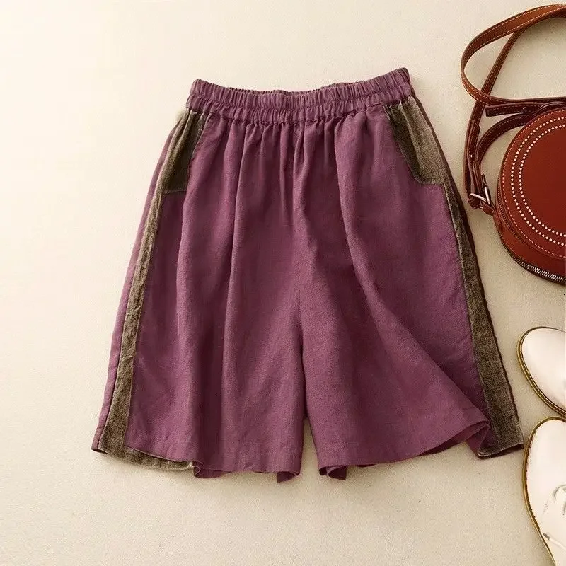White Linen Solid Casual Elastic High Waist Women's Shorts Pants Loose Wide Leg Shorts For Women Clothing Summer 2026 Fashion