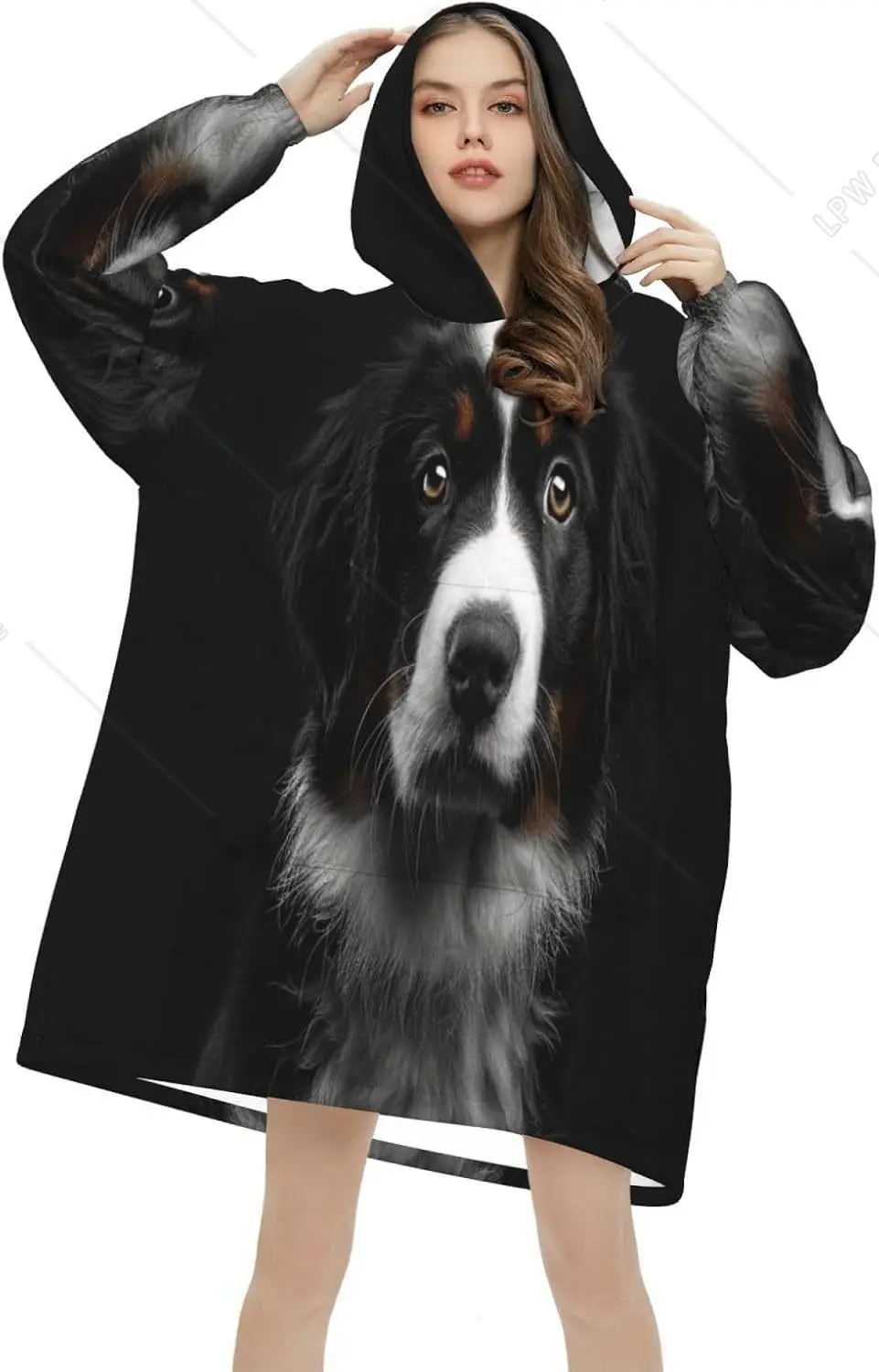 Bernese Mountain Dog Wearable Blanket Hoodie Animal Dog Pattern Oversized Sweatshirt Blanket Cozy Warm Sherpa Hooded Blanket