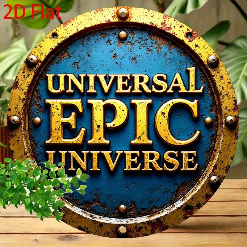 مسطح ثنائي الأبعاد، قطعة واحدة من لافتة ديكور الحائط المستديرة القديمة تشبه المعدن العتيق - حروف ذهبية ملحمية للكون، مخطط ألوان أزرق وذهبي ريفي #2