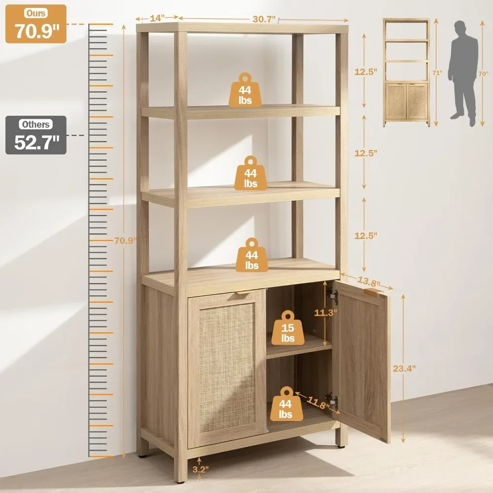 Rattan Bookshelf with Doors, 5 Tier Book Shelf, Storage Wood Shelves, Large, Safe and Secure, Easy To Assemble, Bookcases