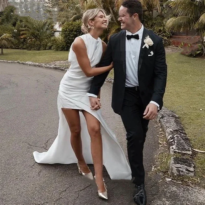 간단한 새틴 인어 웨딩 드레스 라운드 넥 민소매 섹시한 백리스 신부 드레스 하이 엣지 분할 파티 드레스 사용자 정의