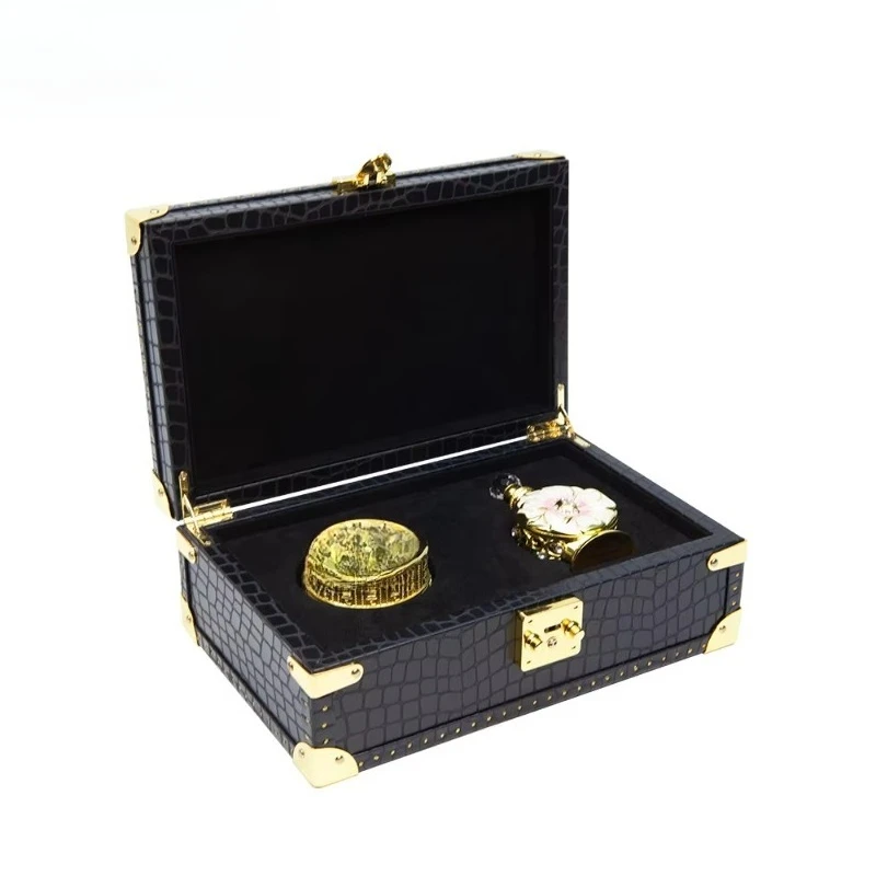 

Reusable leather wooden box, luxury cosmetic packaging box, high-end wooden perfume packaging box.