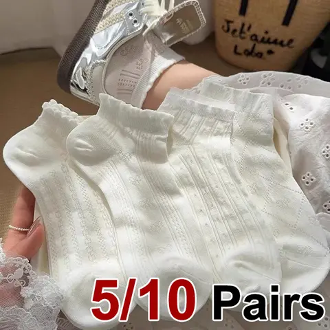 자세히 둘러보기 5/10 쌍 여성 흰색 꽃 가장자리 짧은 양말 여름 얇은 메쉬 중공 통기성 유행 레이스 달콤한 스타일 캐주얼 양말