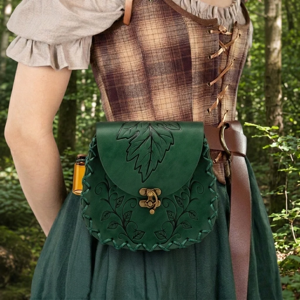 Riñonera Medieval Vintage con Diseño de Hojas y Botella de Poción de Corcho, Bolsa de Cintura con Solapa, Accesorios para Disfraces de Ferias Renacentistas