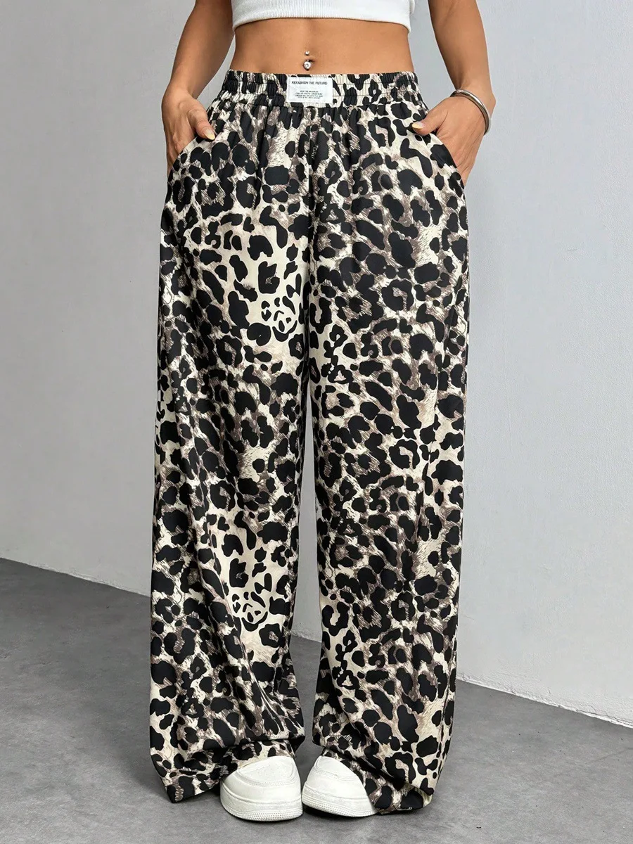 2025 Autumn New Hot Selling Sports Style Leopard Print Casual Mid Waist Loose Leg Pants for Women