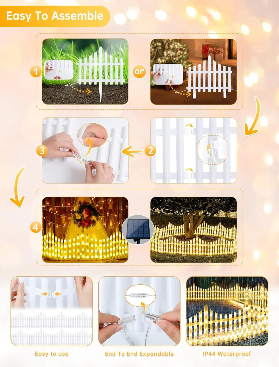 8 Pack Solar Garden Fence with 144 LED Lights & Remote, White Picket Border for Yard Path Pet Barrier