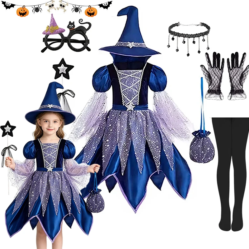 Kids Starry Witch Long Sleeve Outfit Glitter Star Printed Irregular Hem Dress For Halloween Cosplay Trick Or Treat Party