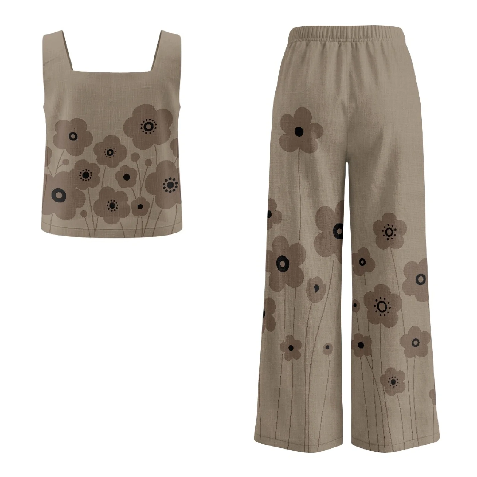 INSTANTARTS Women’s Linen Vest Set Women’s Wide-leg Trousers Lightweight Breathable Soft Comfortable Quick-dry Outfit Flower view 5