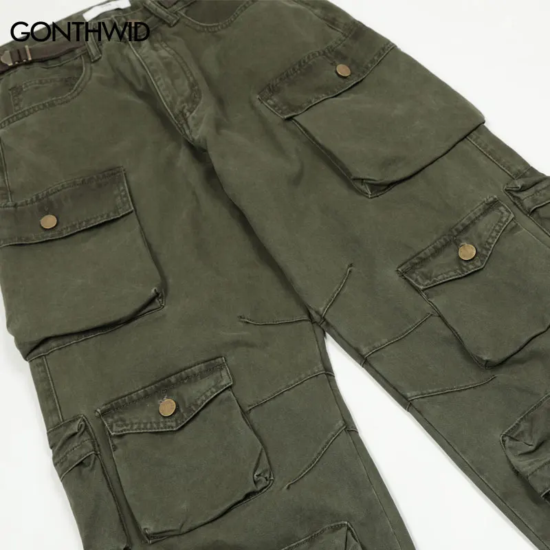 GONTHWID HipHop Streetwear Cargo Pants Multi Pockets Joggers Pants 2023 Men Harajuku Harem Trousers Straight Tactical Cargo Pant