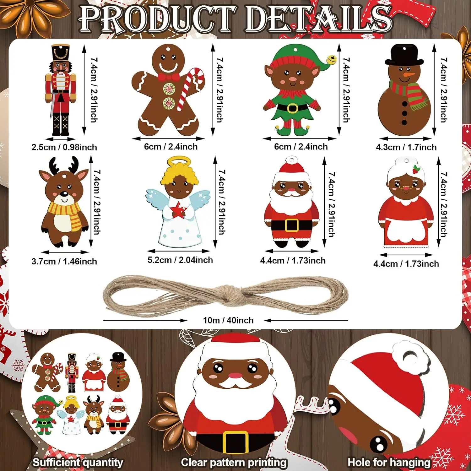 32Pcs Christmas Hanging Ornaments Set Wood Black Santa Claus Angel Elk Reindeer Gingerbread Christmas Tree Decorations for Xmas