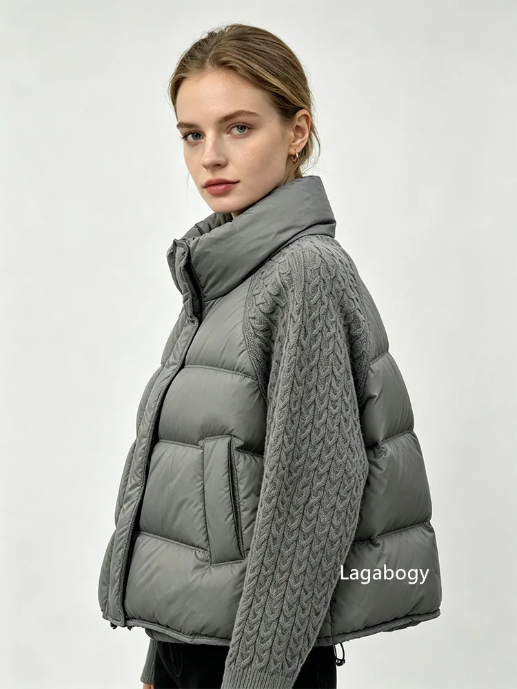 Lagabogy 2026 New Winter Turtleneck White Duck Down Jacket Women Patchwork Knitted Warm Drawstring Short Soft Puffer Coat Female