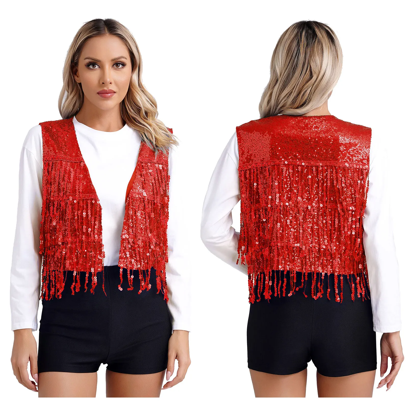 Women Sequin Fringe Vest Open Front Waistcoat Dancing Music Festival Costume Glitter Vest Coat Party Prom Jazz Dancewear