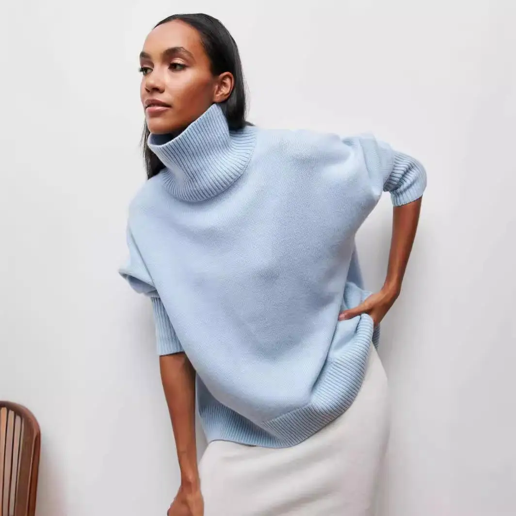 Suéter solto casual de gola alta outono inverno malhas fenas confortável manga crida crimento regular moda estilo d...