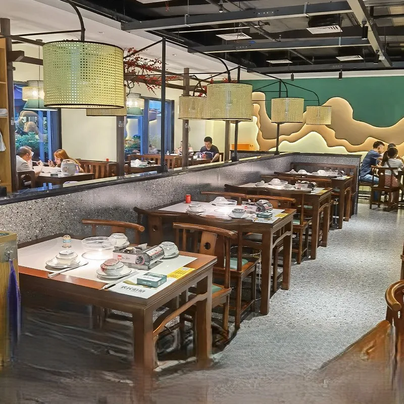！@Leisure Solid Wood Chinese Style Durable Round Restaurant Commercial Booth Sofa Catering Table and Chairs Combination Set