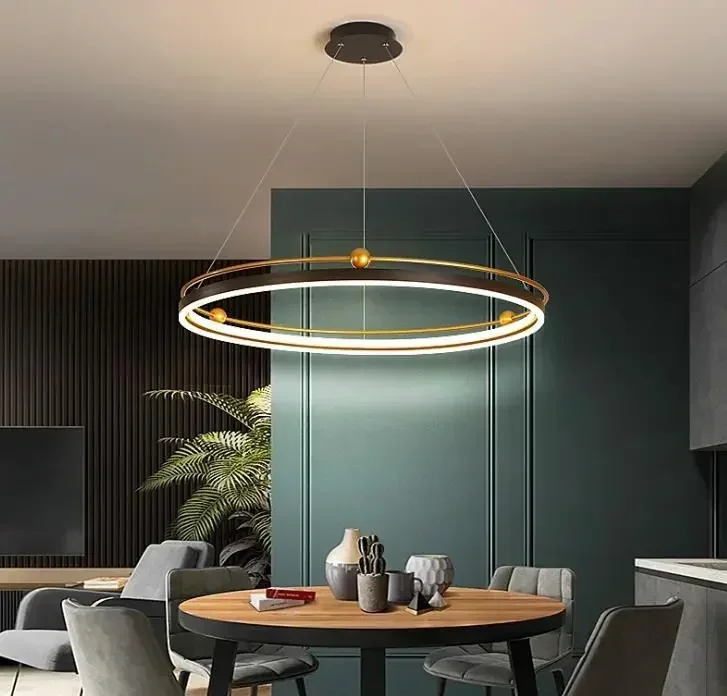 Modern led chandelier circle lights for Interior design engineering lighting Line hang Black Gold LED ring chandelier lamp