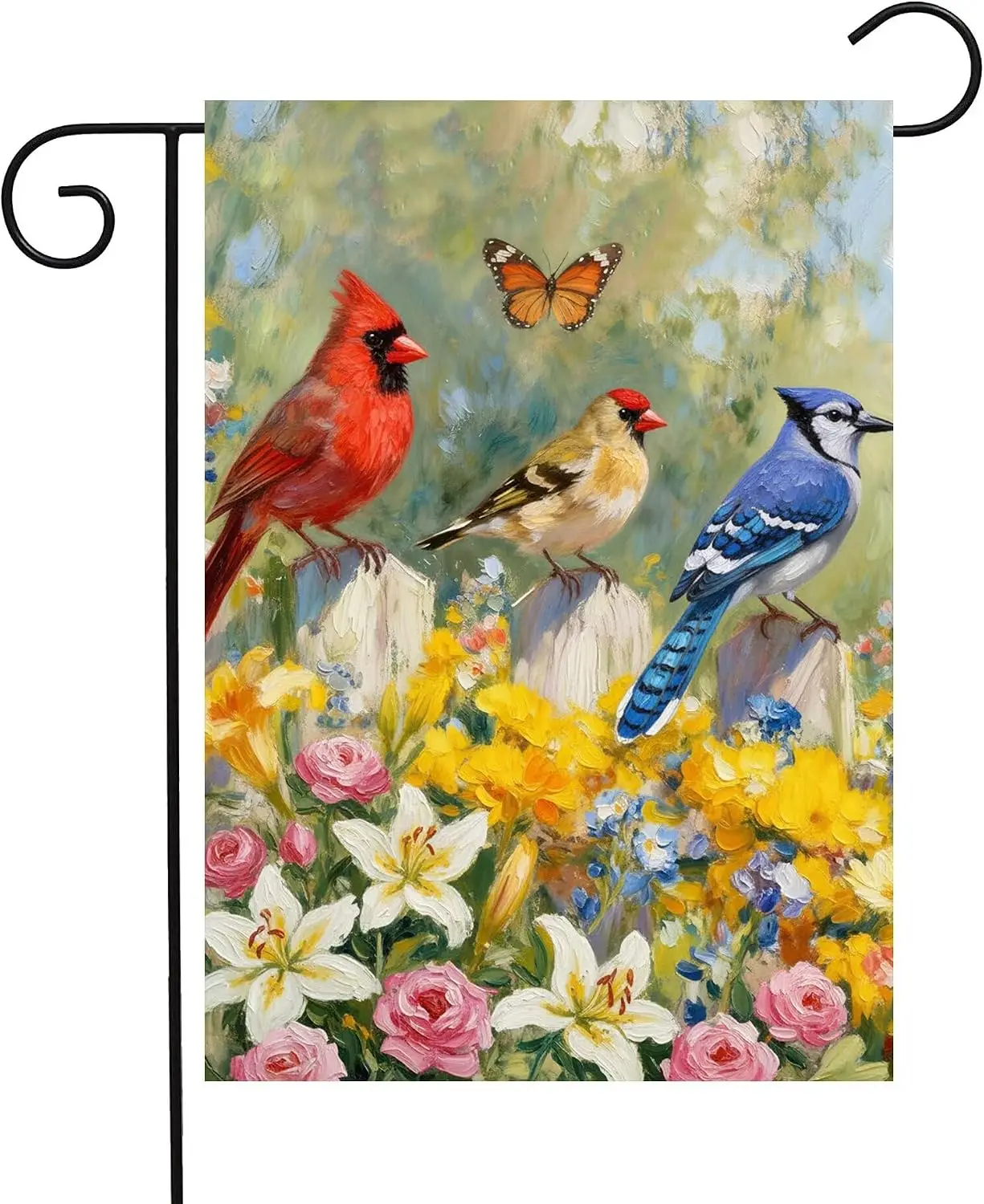 Oil Painting Cardinal Blue Birds Fence Butterfly Spring Flowers Garden Yard Flag 12
