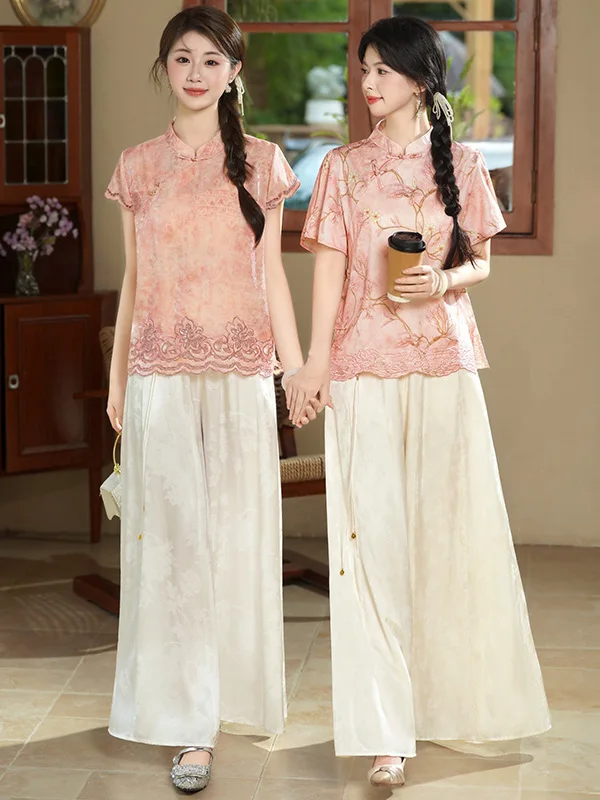 New Chinese Style Oriental Classical Short Sleeve Embroidered Shirt with Button Detail Wide Leg Pants Ensemble Women's Fashion