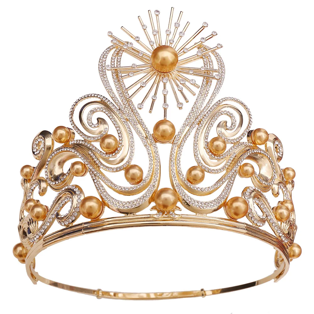 Golden & Silvery Crown Miss World Tiara Grand Luxurious European and American Large-sized Wedding Birthday Crown Baroque Tiara