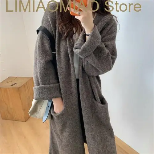 New Spring Fall Lazy V-neck Oversize Long Sweater Cardigans With Pocket Women Sweater Korea Hoodied Knitwear Coat