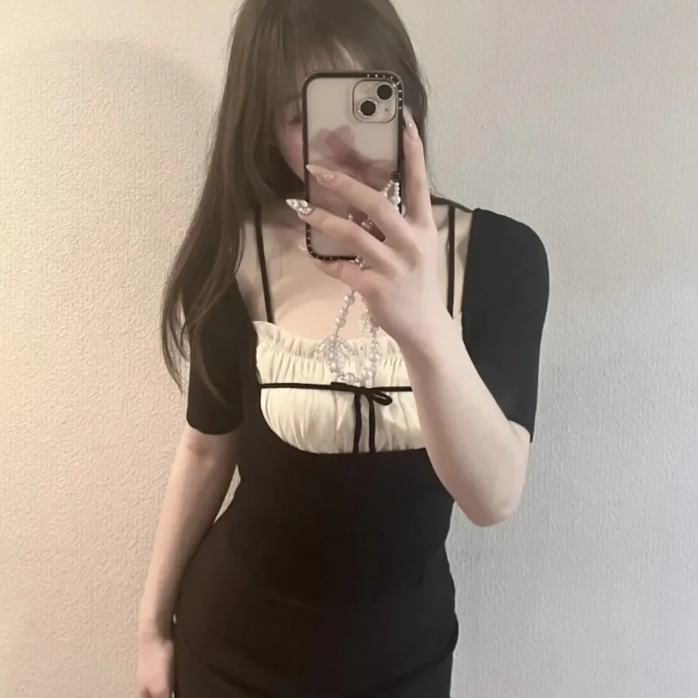 

Fake Two Pieces Square Collar T-shirt Lace Up Half Sleeve Minority Fungus Knit Casual Loose Shirt Japan Trendy Elegant Mujer