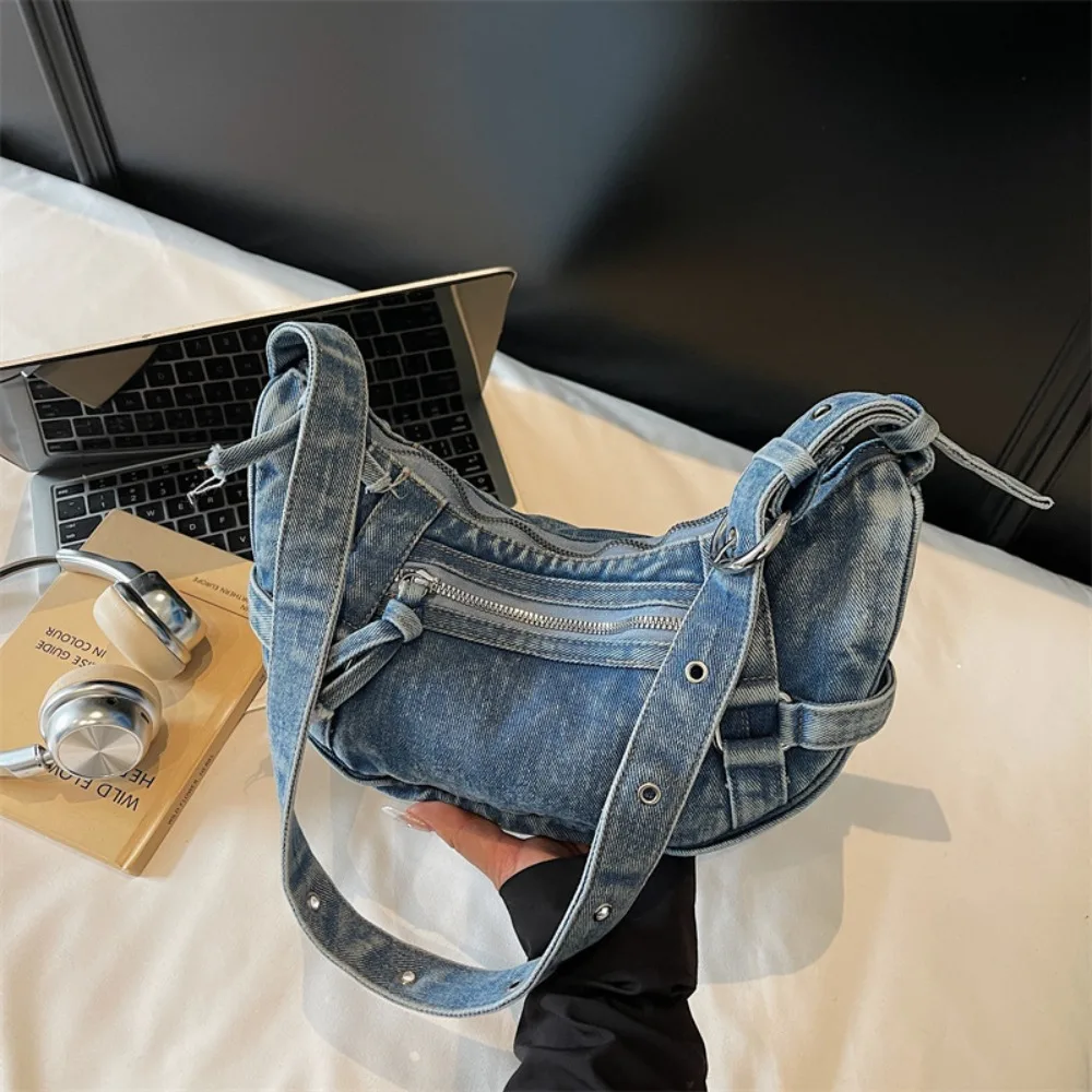 

Temperament American Style Canvas Dumpling Bag Retro Adjustable Strap Casual Tote Bag Zipper Harajuku Denim Crossbody Bag Women