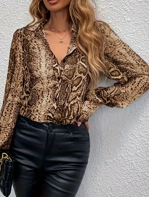 

Autumn New Fashion Trend Personalized Snake Print Lapel Lantern Sleeve Shirt Women's Temperament Slim Fit Long Sleeved Shirt