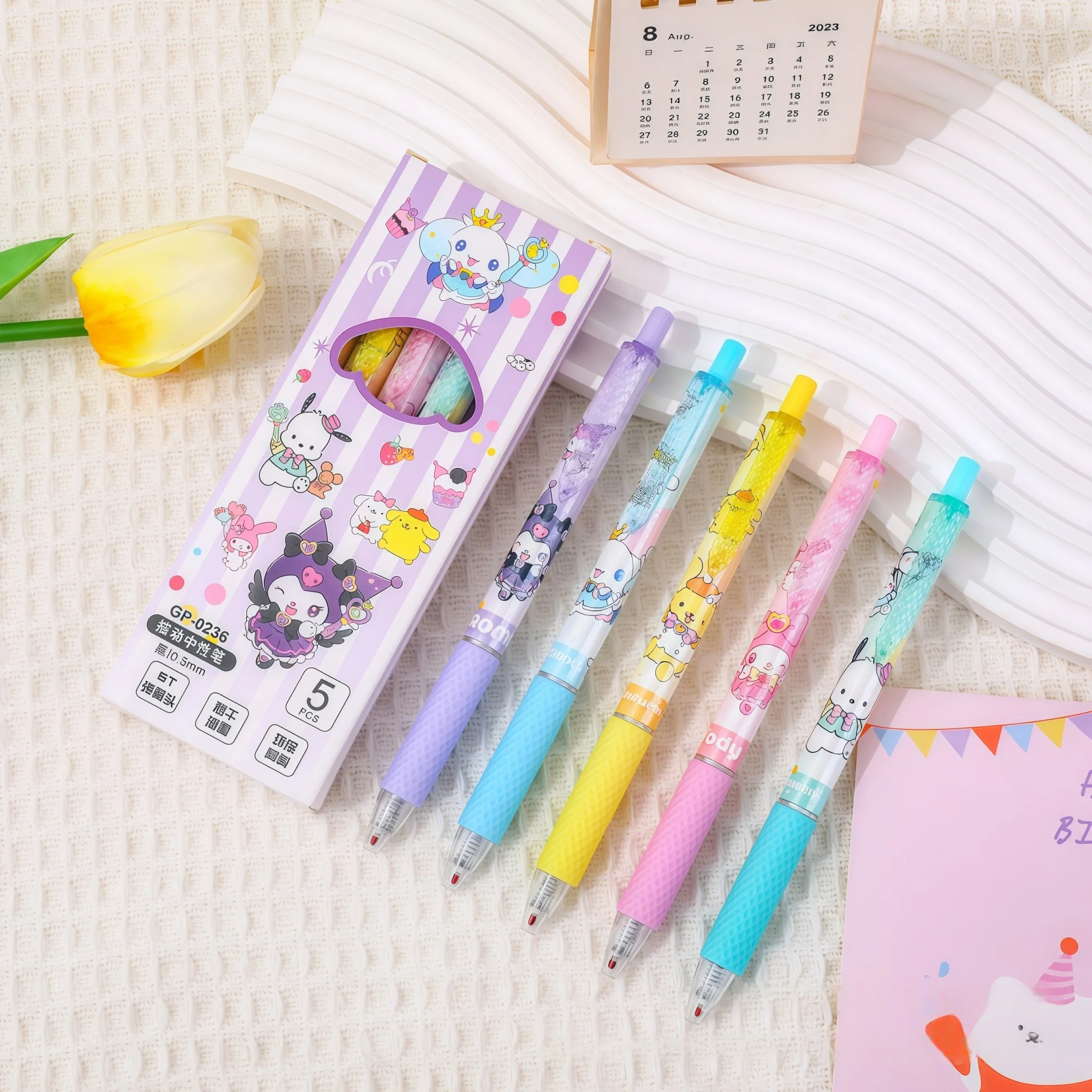 

5 шт., новая серия Sanrio, ограниченная серия, гелевая ручка, быстросохнущая ручка с героями мультфильмов, черная, 0,5 мм, студенческие канцелярские принадлежности, офисные принадлежности