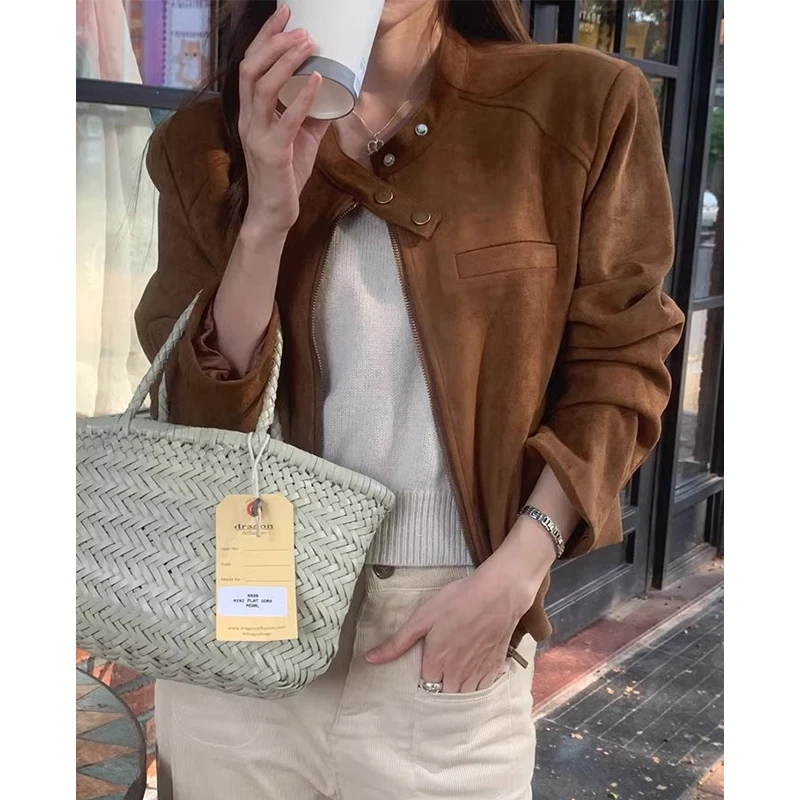 أنيقة الأمريكية الرجعية الوقوف طوق فو الجلد المدبوغ طويلة Sve فضفاضة المرأة السائق Jaet معطف تخفيف Sle طول منتظم سستة