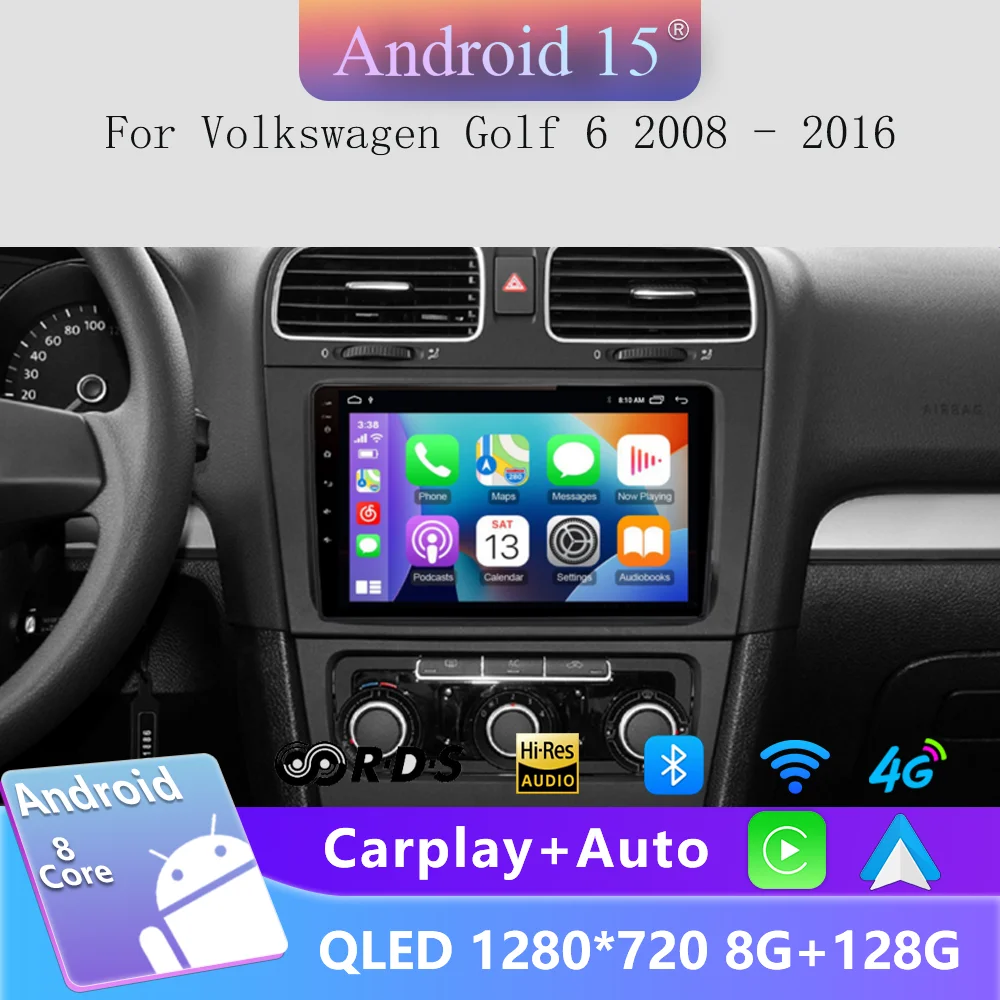 Android 15 For Volkswagen VW Golf 6 2008 - 2016 Qualcomm Car Radio Carplay Auto Multimedia Stereo Video Player GPS Navigation