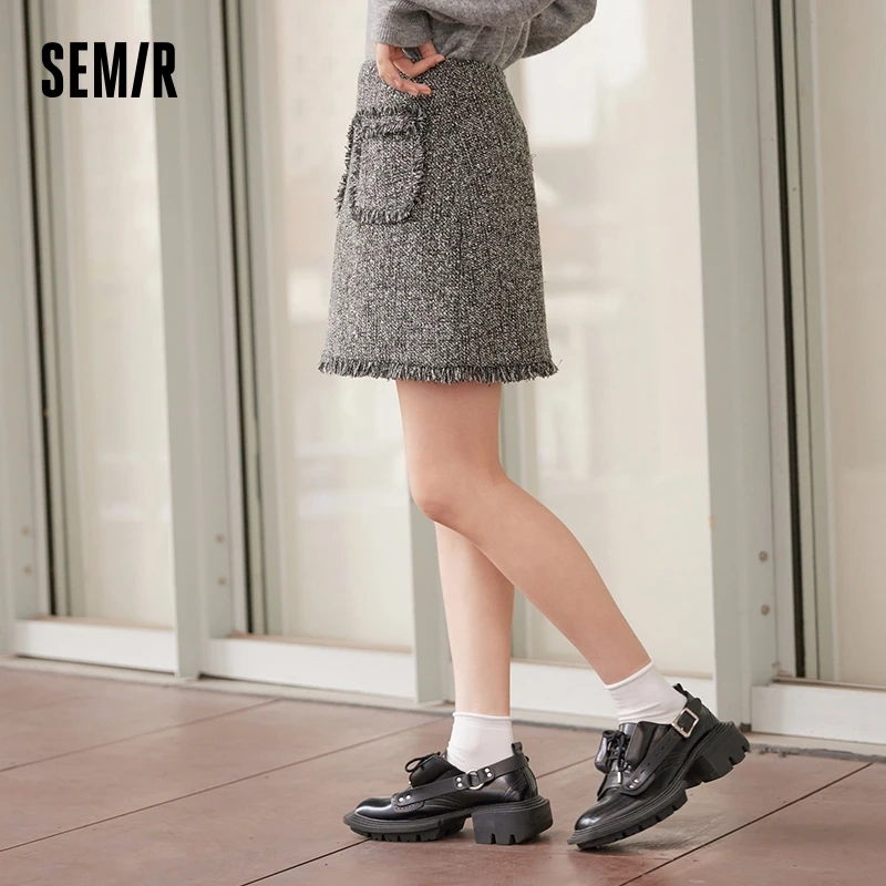 Semir Skirt Women Raw Edge Skirt Retro 2023 Winter New Temperament Texture A-Line Skirt