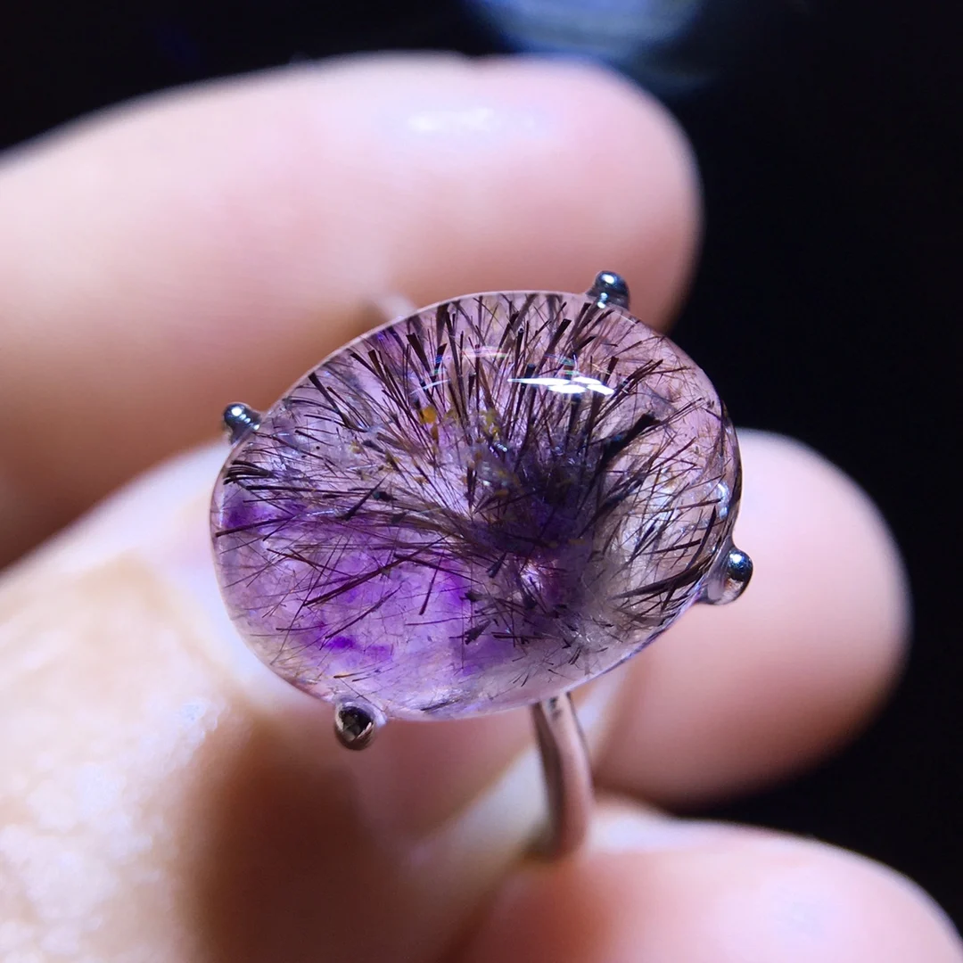 

Натуральный фиолетовый Super 7, рутилированный кварц, регулируемое кольцо с цветком 13,6/10,4 мм, для женщин и мужчин, ювелирные изделия из стерлингового серебра 925 пробы AAAAAA