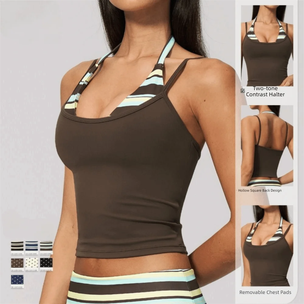 Fashion Polka Dot Yoga Tank Top Built In Bra Removable Padding Workout Tank Top Double Strap Faux Layered Sports Bra Tank Women