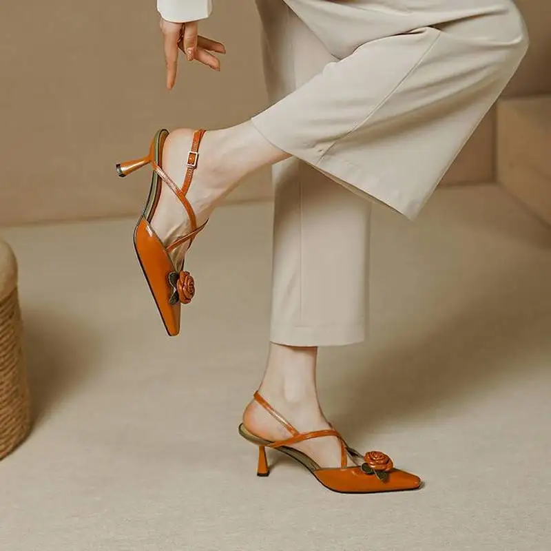 Women Waxed Cow Leather Slingback Pumps Pointed Toe 3D Rose Thin Stiletto Heel Pig Lining Summer Sandals Orange Beige F120
