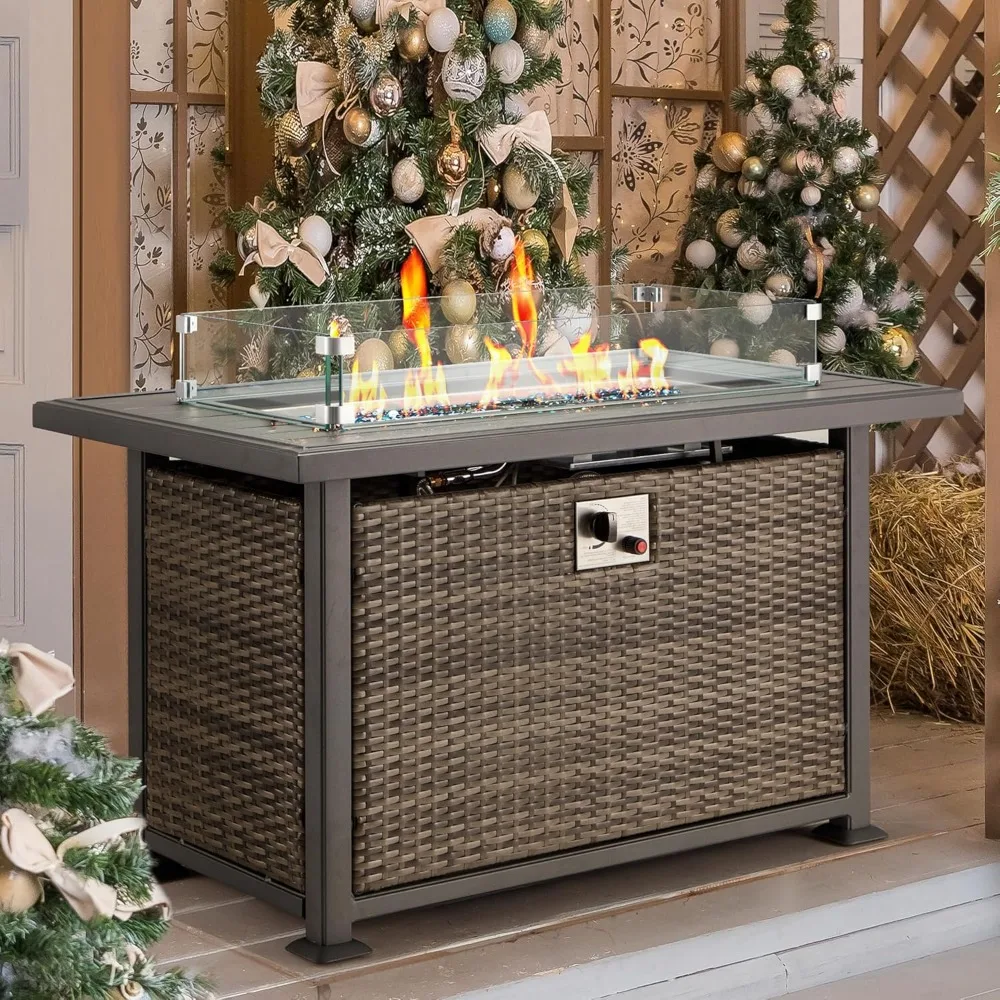 

44" L Propane Gas Fire Pit Table，50,000 BTU Auto-Ignition，Glass Wind Guard，Aluminum Wooden Table Top，Fire Pit Table