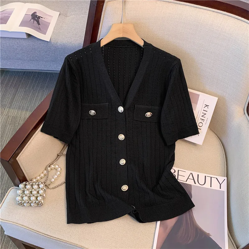 2024 Summer V-neck Bright Silk Knitted Cardigan Women Casual Short Sleeve Sweater Commuting Versatile Knitwear Tops T-shirt