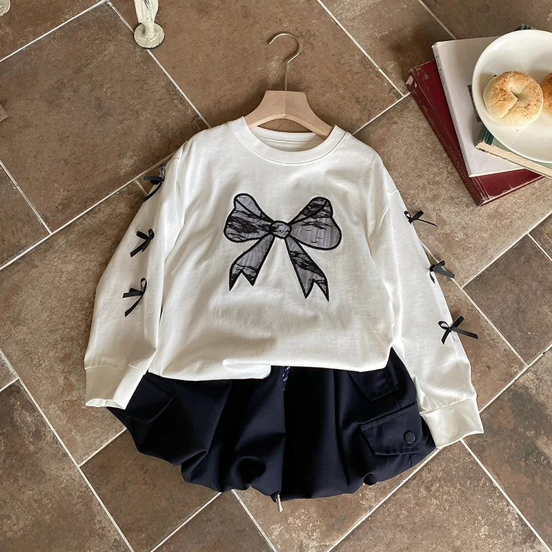 3-12Y Kids Girl Spring 2PCS Clothes Set Loose Bow Print 3D Long Sleeve T-shirts Outfit Solid Flower Bud Skirts Junior Girls Suit