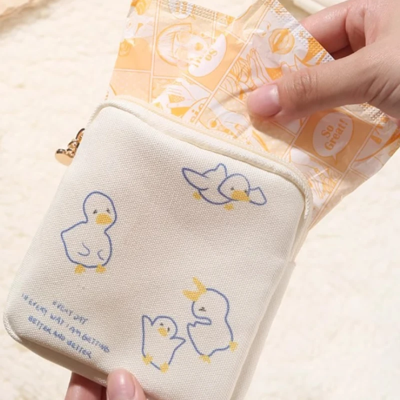 Kawaii Cartoon Duck Printed Women Tampon Sanitary Napkin Storage Bag Mini Cosmetics Coin Purse Bag Gift