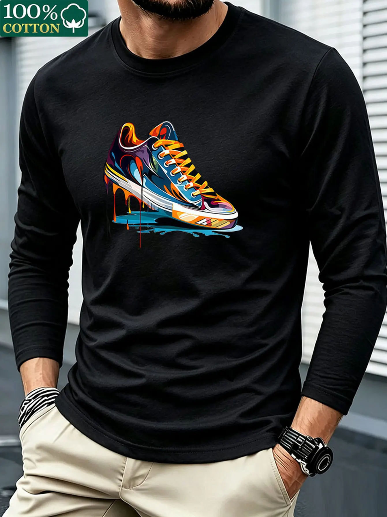 Men 100% Cotton Long Sleeve T Shirt Comfortable Printed Crew Neck Tee Casual Trendy Spring Autumn Basic Tops Commute Daily Wear