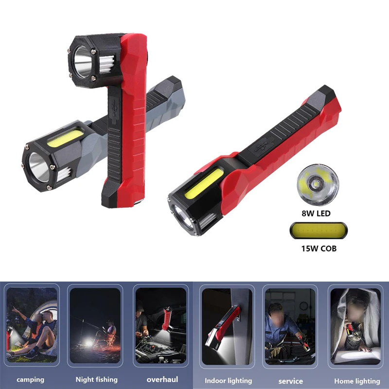 

F11 Rotatable Flashlight Car Maintenance Light 6-Gear LED/COB Strong Emergency Work Light IPX4 Rain-proof Type-C 2000mAh Battery