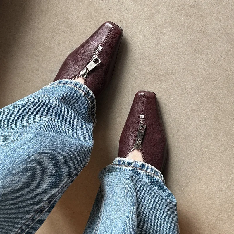 

Arden Furtado 2025 Autumn sheepskin zipper Single shoe square toe Pull-on Chunky heel Pumps large size commute Middle heel shoes