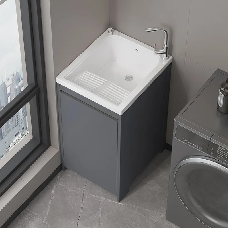 Balcony laundry pool Space aluminum laundry cabinet Small apartment ceramic wash basin with rubbing board Floor-to-ceiling deepe
