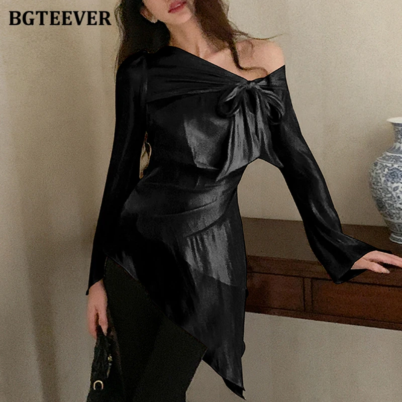 BGTEEVER Stylish Irregular Women Pullovers Blouses Tops Autumn Fashion Long Sleeve Slim Waist Female Off-the-shoulder Shirts