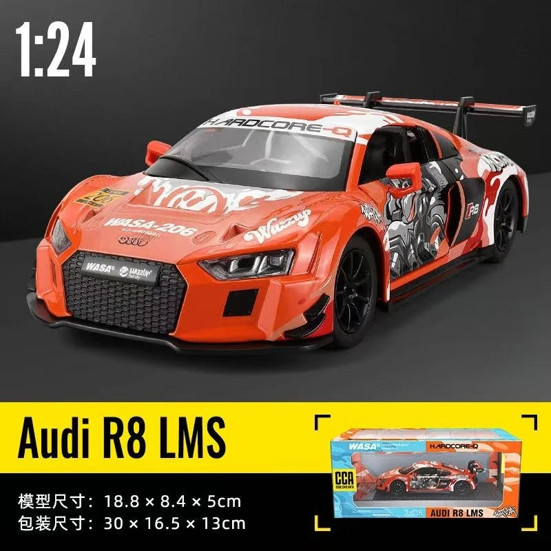 

Масштабная модель автомобиля Audi R8 LMS Bruce Lee Co, 1:24, из сплава, литая, со звуком и светом, детская игрушка, подарок