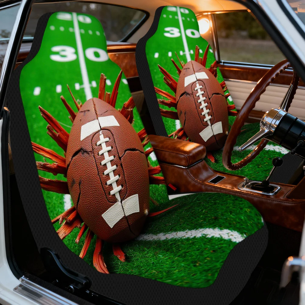 2D Flat Printing, 2pcs Football Bursting Through Field Pattern Car Seat Covers, Elegant Front Seat Covers For Modern Car Design,
