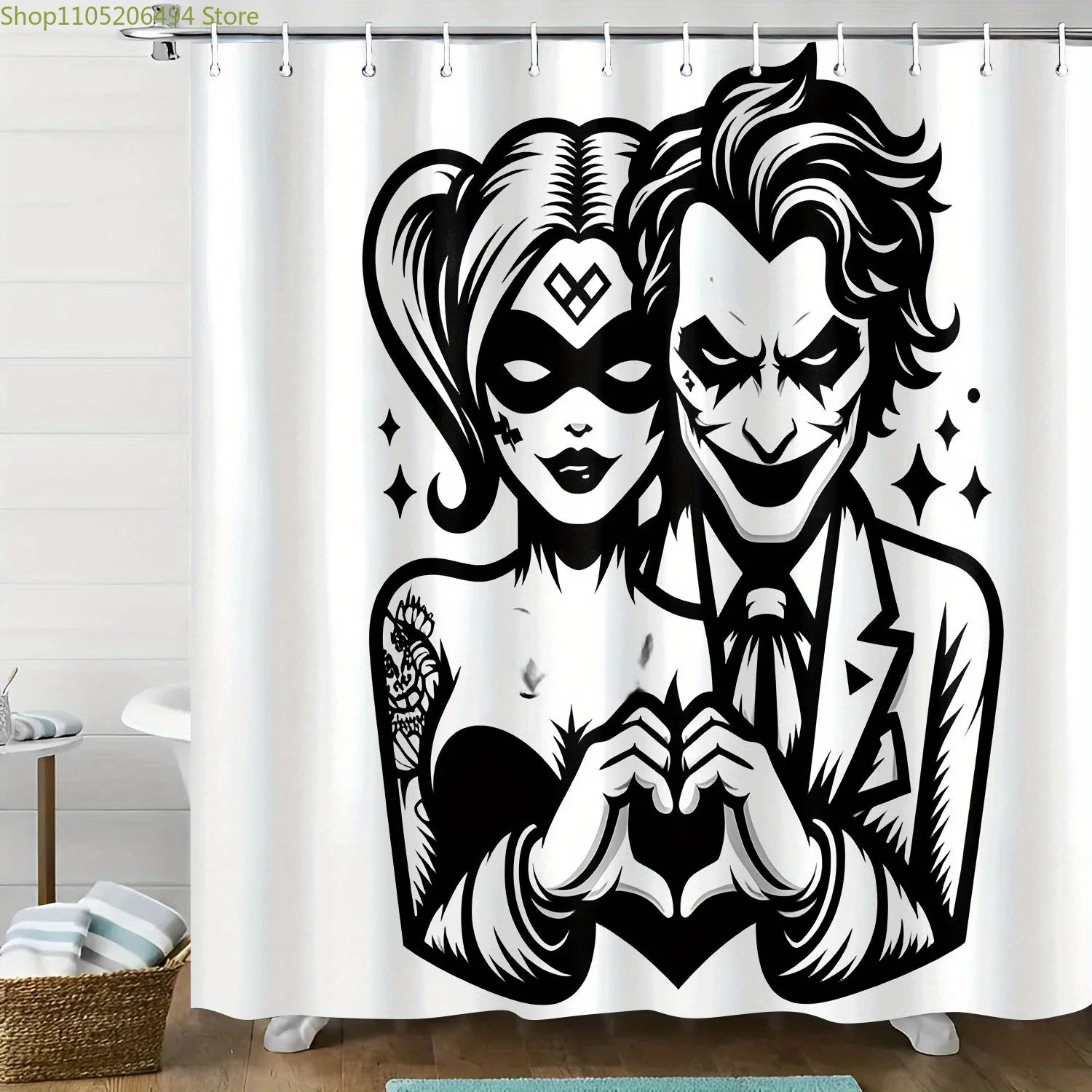 

1pc WB shower curtain Joker and Quinn Patterned, polyester fabric, home bathroom decoration, shower curtain divider with hooks