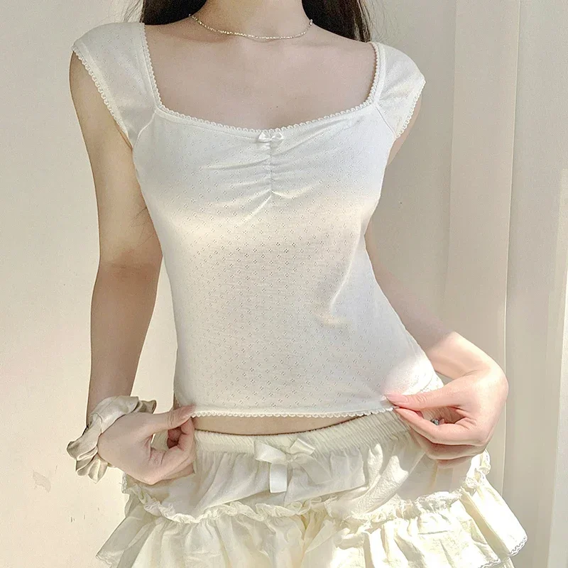 weet White Lace Trim Skinny Summer Tshirts for Women Bow Fold Korean Fashion Crop Tops Cutecore Coquette Clothes Tee